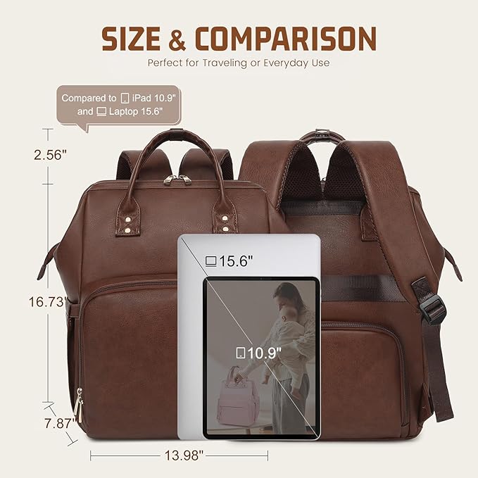 ROSEGIN Premium Vegan Leather Diaper Bag Backpack with Waterproof Changing Pad – Reinforced Stitching & Zippers, Baby Bag for Boy Girl, Stroller Straps, Fits 15.6" Laptop for Work Moms, Dark Brown