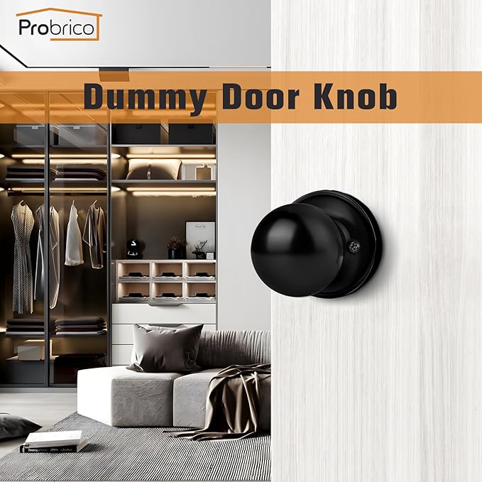 Probrico Black Door Knobs, Hall Dummy Door Handle with Round Ball, Closet Pantry Door Knob Interior Door Knobs, 2 Pack