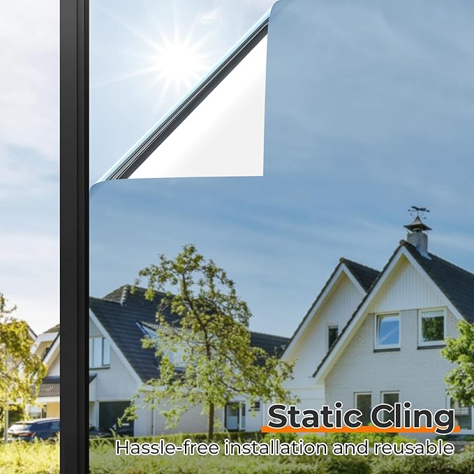 DOWELL Window Privacy Film, One Way Window Tint for Home, Static Cling Anti UV Sun Blocking Reflective Mirror Film, Heat Control See Out Not in Glass Tinting, Silver, 29.5" x 78.7"