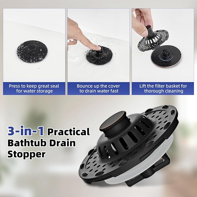 Universal Bathtub Drain Stopper Shower Drain Hair Catcher, Tub Stopper with Visible Top Strainer, Upgraded 3 in 1 Pop-up Drain Plug Fit for 1.5 to 2.4" Hole, Stainless Filter Basket, Oil-Rubbed Bronze