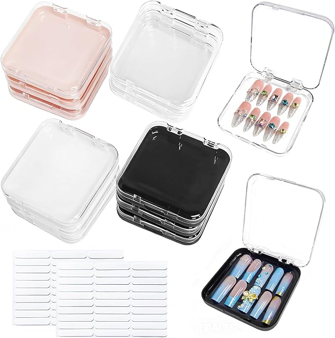 12 Piece Press On Nail Storage Box with 60 Pcs Double Sided Tape - Acrylic Fake Nail Display Box for Home Salon Use