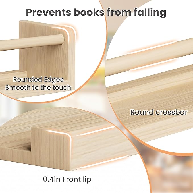 upsimples 2 Pack Nursery Book Shelves, 15.7 Inch Floating Bookshelves for Wall, Baby Nursery Decor, Small Solid Wood Wall Mounted Shelves for Baby Kids Boys Girls, Natural