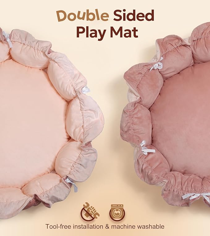 Mallify 5-in-1 Thick Plush Baby Play Gym Mat, Tummy Time Mat with 6 Sensory Toys, Baby Play Mat, Convertible Baby Gym for Stage-Based Development from Babies to Toddlers, Baby Essentials Gift, Pink