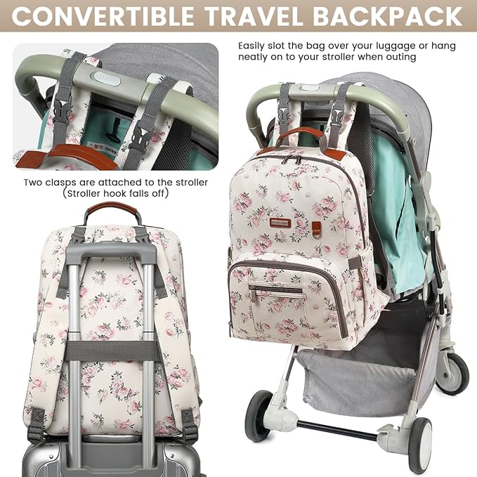 BILLITON MASHI Diaper Bag Backpack, Large Baby Nappy Bags with Portable Changing Pad for Boys and GirlsMultifunction Travel Baby Bag for Moms Dads, Shower Gifts Waterproof and Stylish，Flower Beige