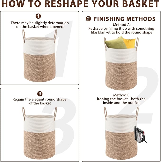 OIAHOMY Large Laundry Basket Hamper - 60L Cotton Rope Woven Basket for Blankets, Toys, Clothes - Tall Decorative Nursery Hamper with Long Handles, Gradient Grey