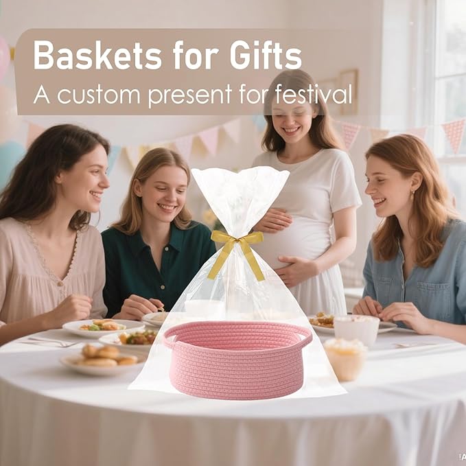 JMvicyroam Woven Basket,Small Rope Storage Bin with Handles & Ribbon Bag, Organizer for Shelves Closets,Gift Basket Empty for Birthday,Books,Dog Toys, Pink/3 Pack