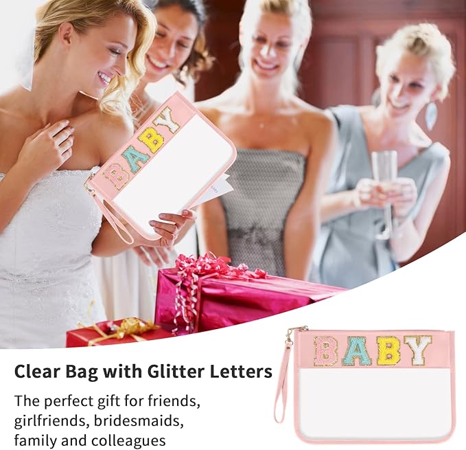 Iqimott Chenille Letter Clear Bag Baby Pouch, Monogram PVC & PU Makeup Cosmetic Bag Zipper Toiletry Pouch, Portable Travel Beach Snack Wristlet Bags for Women Girls(Baby, Pink)