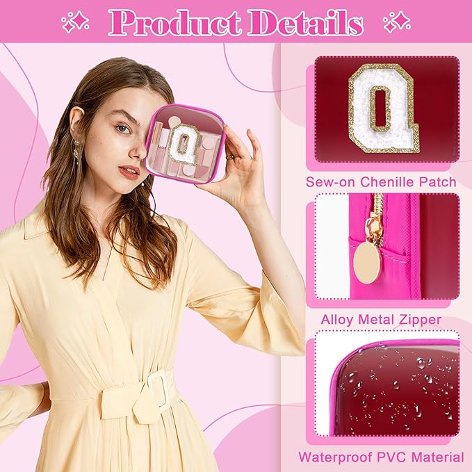 Personalized Initial Letter Clear Preppy Makeup Bag,Mini Nylon Chenille Letter Cosmetic Bag Cute Zipper Pouch Coin Purse for Teen Girls,Portable TSA Approved Travel Essentials Bag Gift for Women,Q