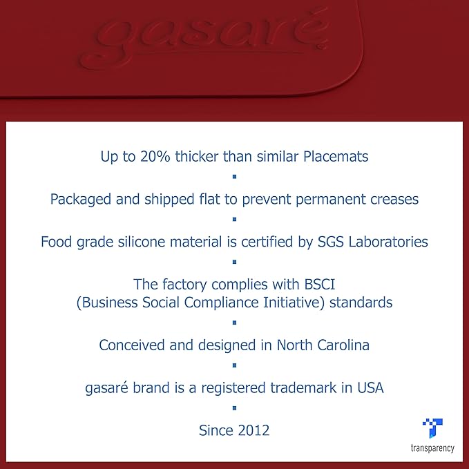 GASARÉ, Placemats Set of 4, Silicone Placemats, Table Mats, Non-Slip, Easy to Clean, Heat Resistant, Flexible, 20% Thicker, 16 x 12 inches x 1.1mm, Red