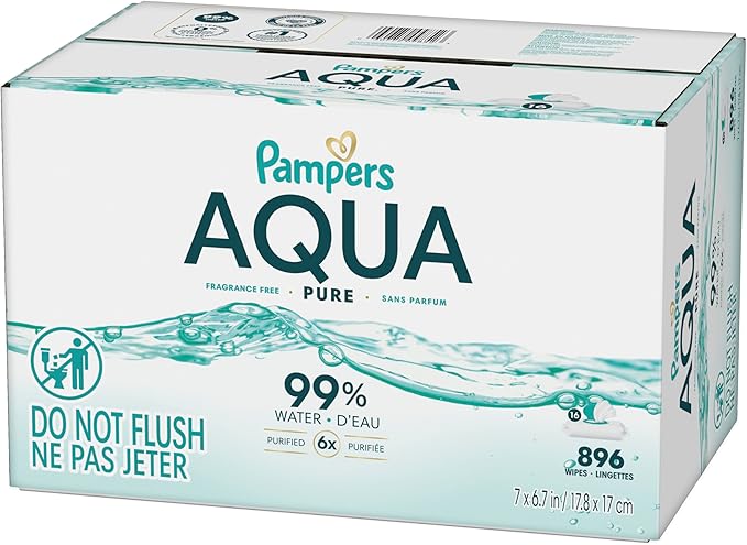 Pampers Aqua Pure Baby Wipes, 99% Water, Fragrance Free, Unscented, Water Based, Multi-Use, 896 Wipes Total (16X Flip-Top Packs) [Packaging May Vary]