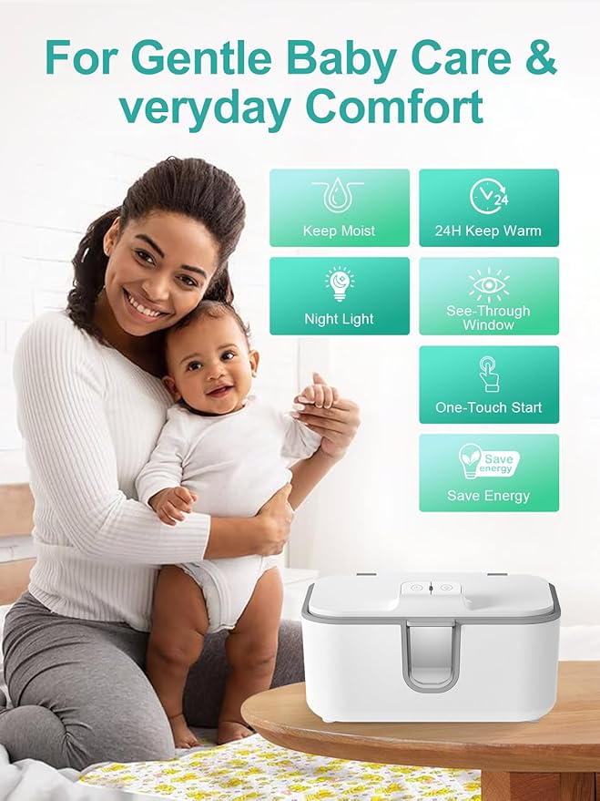 Baby Wipes Warmer, Larger Capacity Wipe Dispenser, Even Heating Diaper Wipe Warmer with Night Light, On/Off Switch, White