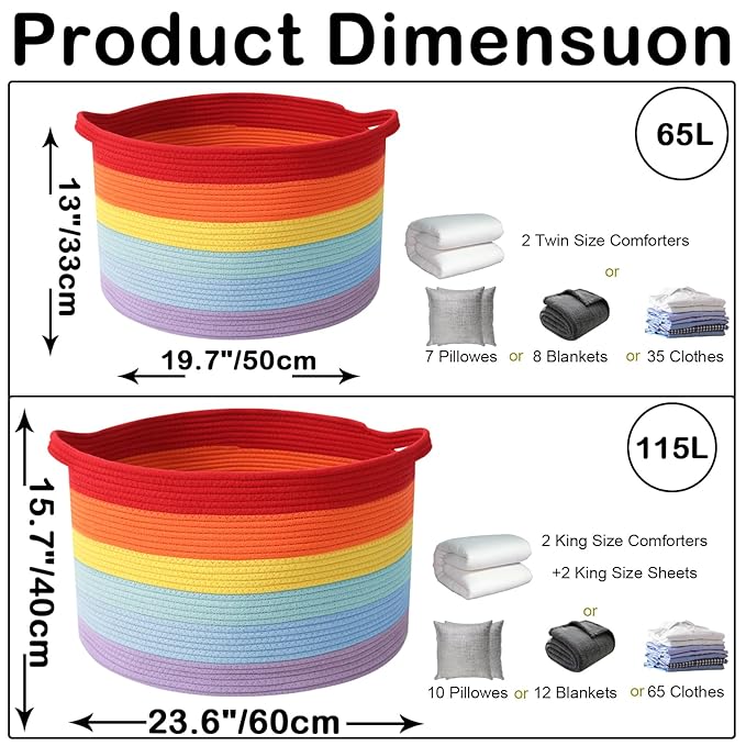 Large Storage Basket with Handle,19.7" L x 19.7" W x 13" H Blanket Basket Storage Bins for Organizing,65L Cotton Rope Woven Baskets for Living Room, Nursery,Bedroom,Rainbow
