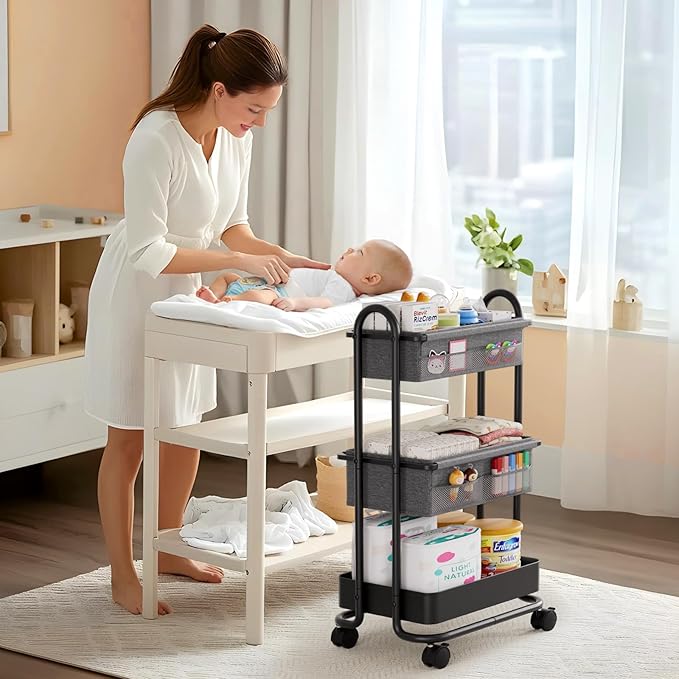 Baby Diaper Caddy Organizer Cart - 3 Tier Rolling Storage Cart with Wheels, Baby Essentials for Nursery Storage, Detachable Dividers - for Crib, Bedroom, Art & Craft Organizer (Black)