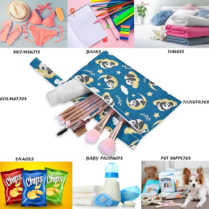 visesunny Panda Sleeping On Clouds Moon 2Pcs Wet Bag with Zippered Pockets Washable Reusable Roomy Diaper Bag for Travel,Beach,Daycare,Stroller,Diapers,Dirty Gym Clothes,Wet Swimsuits,Toiletries