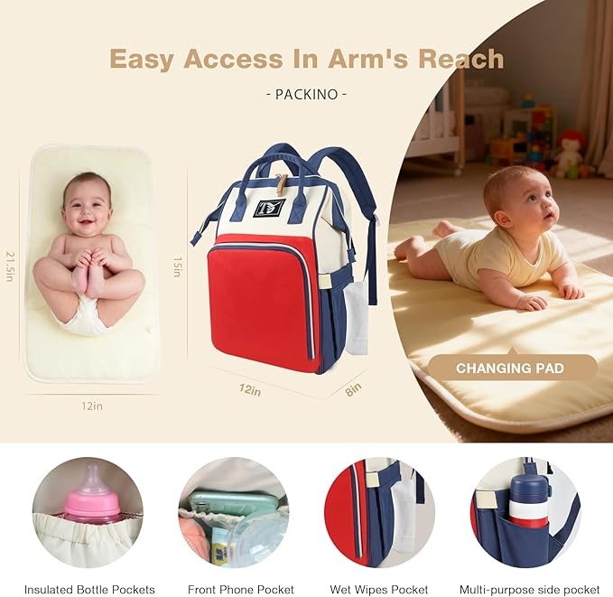 Packino Diaper Bag Backpack for Women - Multifunction Travel Essentials Baby Diaper Bag with Changing Pad, Large Backpack Baby Girl Boy, Insulated Bottle Holders & Stroller Straps (Red+Blue)