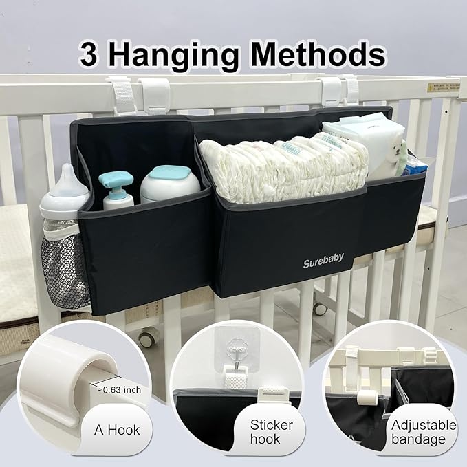 Hanging Baby Diaper Caddy, Single Sheet Dispensing Caddy Organizer Holder For Baby Crib, Nursery Organization Diaper Stacker Storage - Black