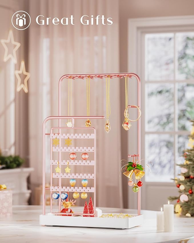 ProCase Jewelry Stand Holder Organizer, Jewelry Display Storage with Ring Tray, No-Assembly, Rotating Earring Bracelet Necklace Holder, Valentine's Gifts Room Dorm Decor for Teen Girls -Rosegold