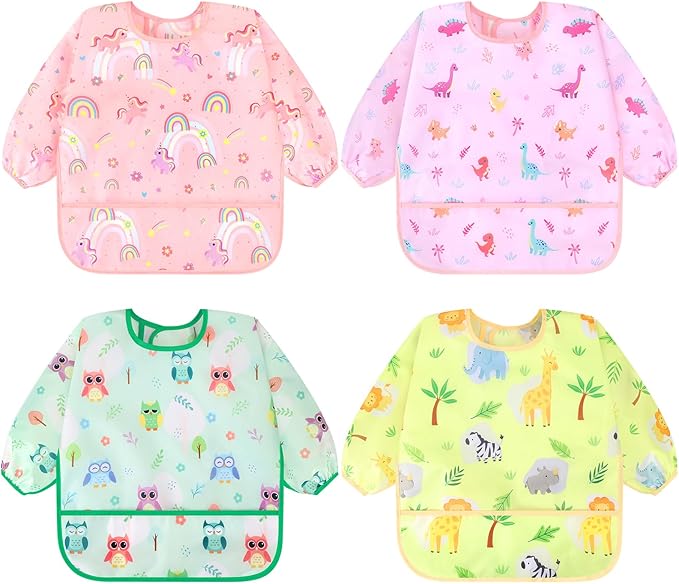 Accmor 4 Pack Long Sleeve Bibs, Baby Smock Waterproof Sleeved Bib Smock for Baby Toddler 6-36 Months