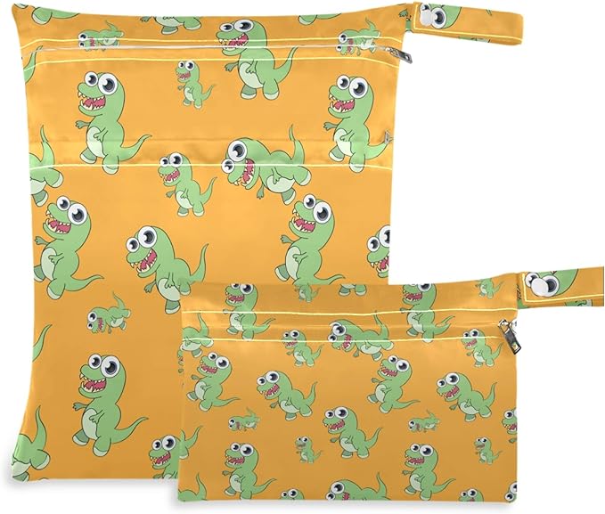 visesunny Funny Cartoon Dinosaur 2Pcs Wet Bag with Zippered Pockets Washable Reusable Roomy for Travel,Beach,Pool,Daycare,Stroller,Diapers,Dirty Gym Clothes, Wet Swimsuits, Toiletries