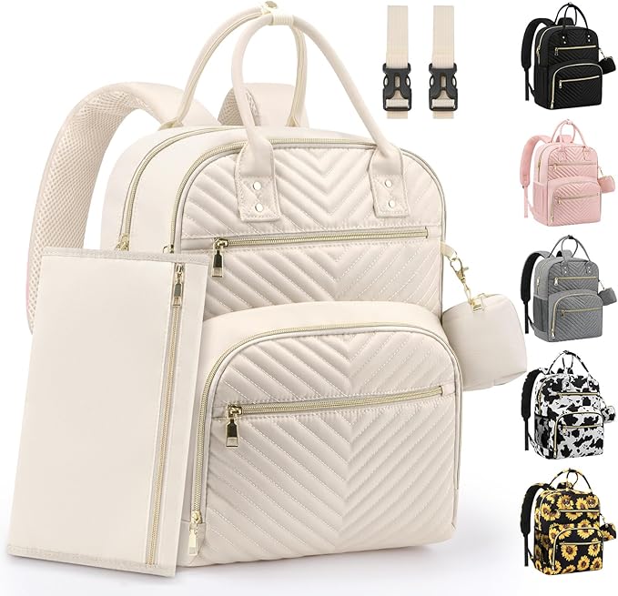 Pritent Diaper Bag Backpack,Baby Essentials Diapers Bag with Pacifier Case,Multipurpose Stylish Large Capacity Travel Backpack for Baby Girl/Boy(L-Beige)