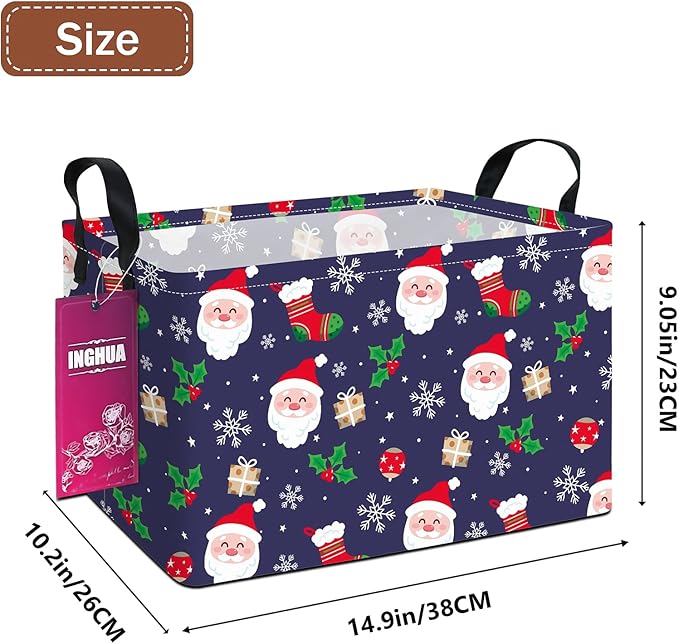 INGHUA Rectangular Christmas Storage Basket Fabric Organizer Bin for Toys,Books,Clothes,Gifts,Pets-Perfect for Home,Office,Nursery,Dorm,Shelf(Rec-Christmas gift basket)