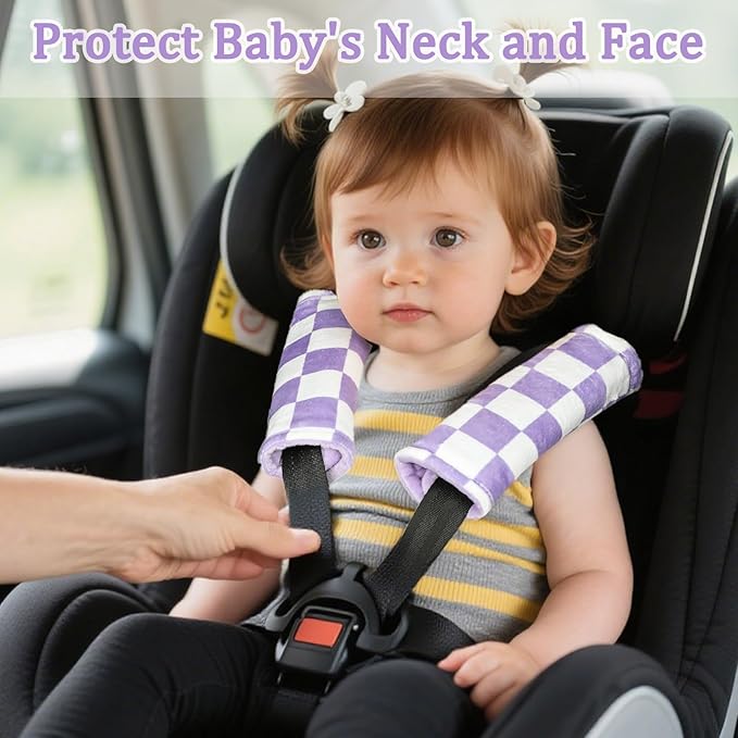 DILIMI Baby Car Seat Belt Covers, 2Pcs Carseat Shoulder Strap Pads, Soft Minky Car Seat Neck Covers, Newborn Car Seat Strap Protectors, Stroller Strap Covers for Baby Kids, Purple Checkered