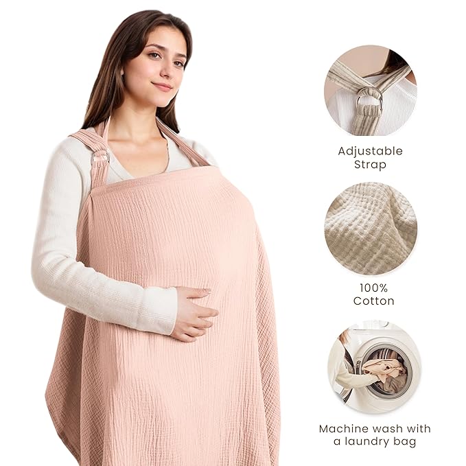 Konssy Muslin Nursing Cover for Baby Breastfeeding, Breathable 100% Cotton Breastfeeding Cover with Rigid Hoop for Mother Nursing Apron, Multi-use Carseat Canopy (Pink)
