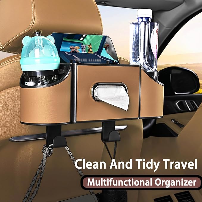 Back Seat Car Organizer,4 in 1 Multifunctional Car Back Seat Storage Box with Drink Cup Holder Tissue Box, for Hold Phone,Snacks, Drinks, Handbag-Light Brown