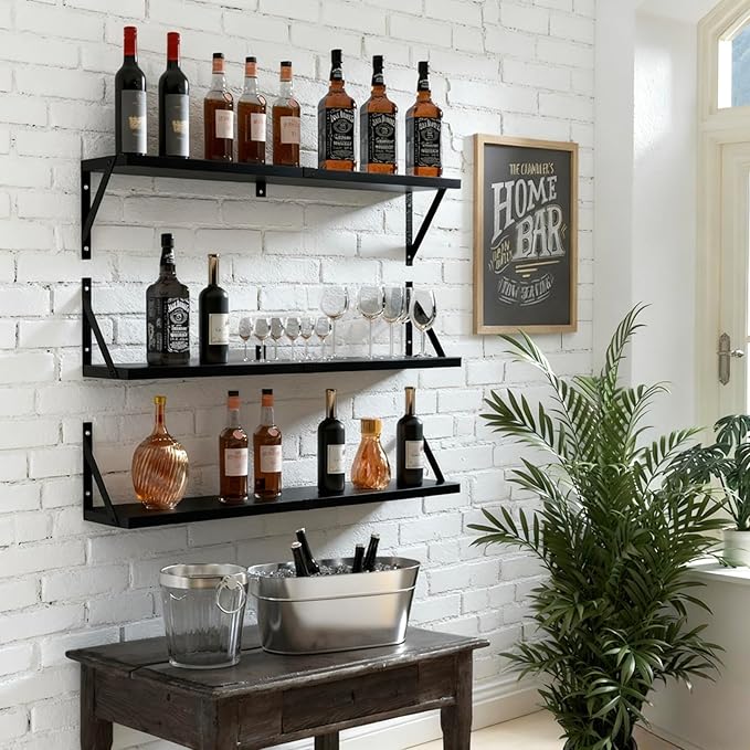 Floating Book Shelves Set of 3, Wall Bookshelf, 33 inch Long Wood Shelf for Wall Storage, Hanging Shelving for Bedroom, Bathroom, Living Room, Kitchen, Office and Plants (Black)