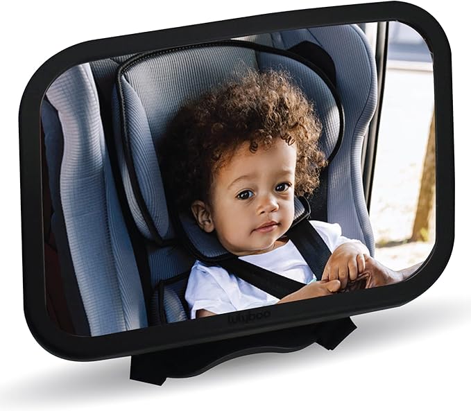 Lulyboo Large Baby Car Mirror with 360 Rotation & Adjustable Straps, Extra Wide Rear Facing Mirror for Safe Driving, Fits All Headrests, Black