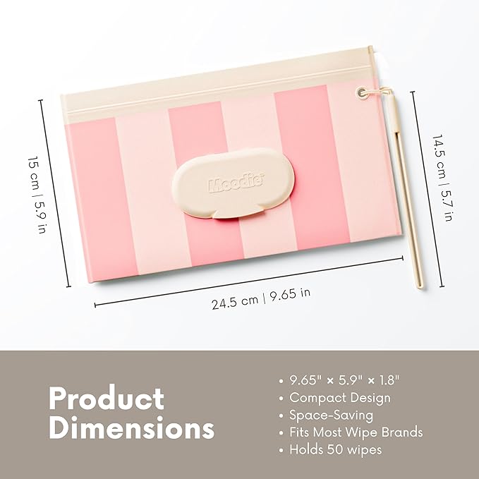 Moodie NEW 3 PACK Baby Wipes Holder | Refillable Wipes Container w/DOUBLE-LOCK SEAL |Travel Wipe Case | Portable Wipe Dispenser for Diaper Bag w Silicone Strap | Reusable Wipes Pouch (ROSIE PINK)