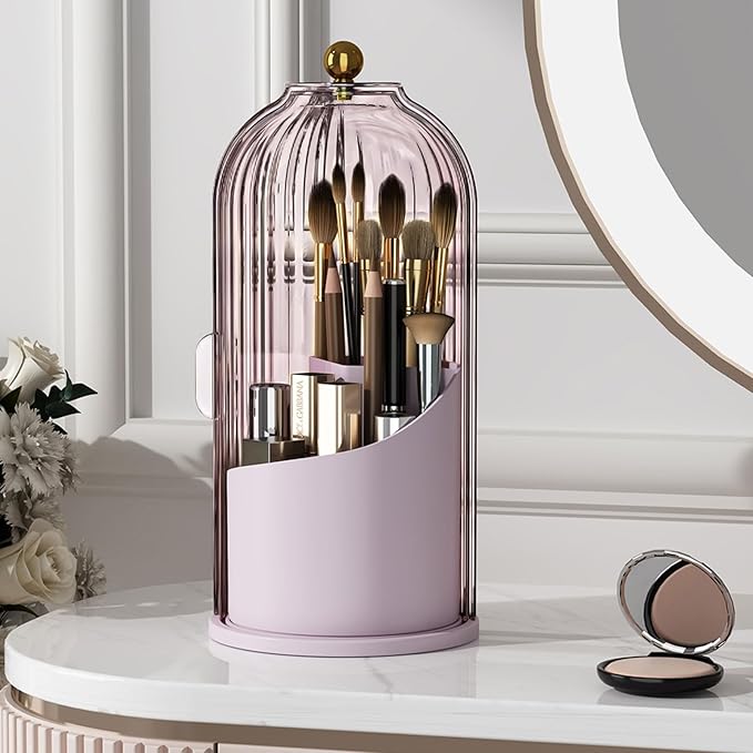 Makeup Brush Holder with Lid 360 Rotating Clear Dustproof Make Up Organizers for Vanity Bathroom Countertop, Pink