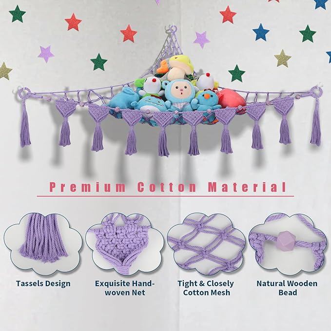 Stuffed Animal Hammock Corner - 56'' Jumbo Handcrafted 5mm Double Macrame Cord Stuffed Animal Net - 100% Natural Cotton Toy Hammock Plushies Storage - Purple Stuffy Plushie Net w/LED Star Light