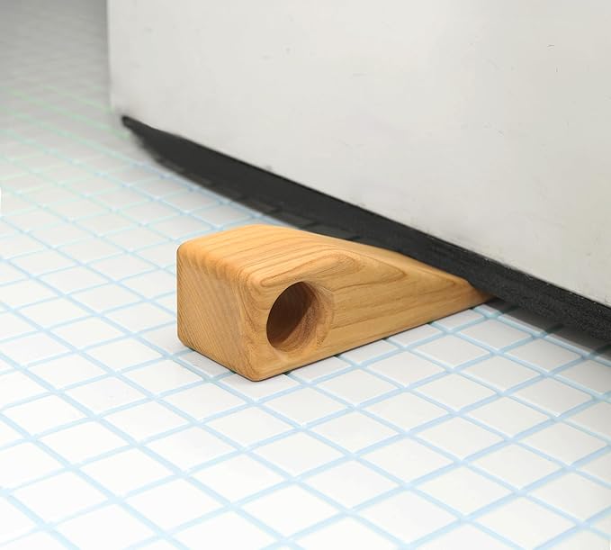 2 Pack Wooden Door Stoppers - Non-Slip Door Wedges, Triangle Wood Block with Hanging Hole for Any Floor, for Bathroom, Bedroom, Livingroom, Home and Office (Light Wood)