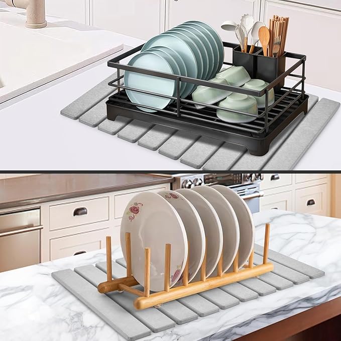 Stone Dish Drying Mat for Kitchen Counter – 23"(L)×15 (W)" Foldable Absorbent Diatomaceous Earth Dish Drying Mats, Kitchen Counter Mats for Dishes Bottles Cups, Match Any Countertop - Grey