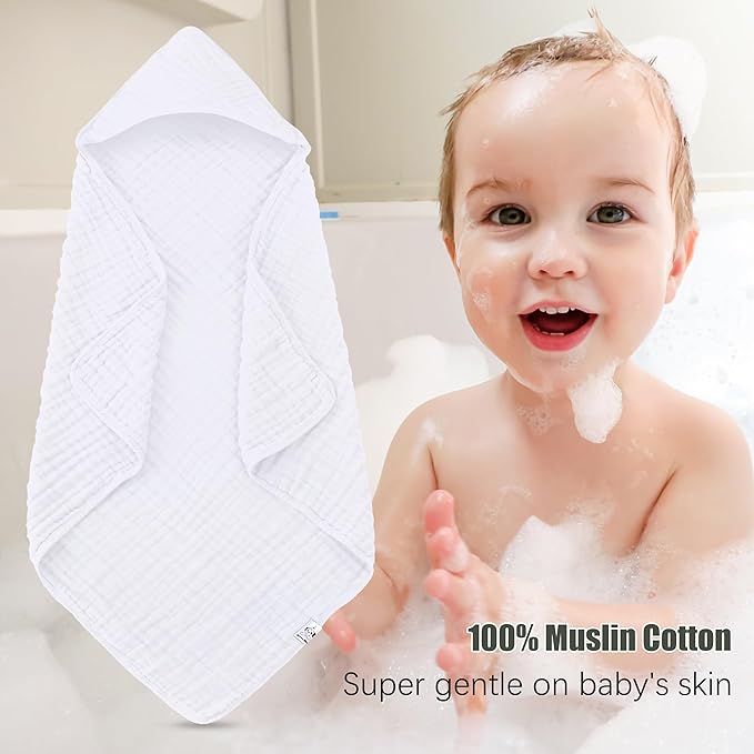 Spotted Play 2 Pack Hooded Baby Towels - 100% Muslin Cotton for Newborns, Infants, Toddlers - Large 32x32Inch Size - Highly Absorbent and Essential for Newborn Care, White and Brown