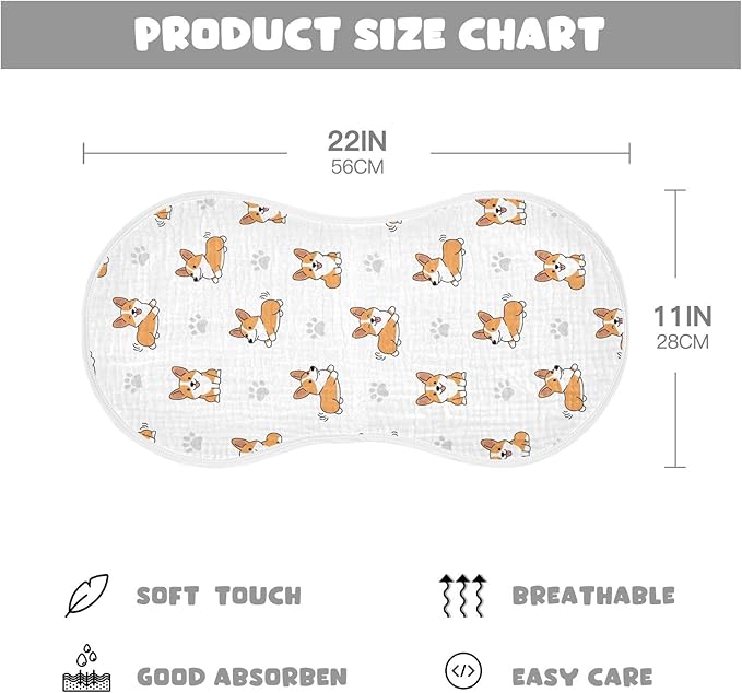Qinllo 2 Pack Muslin Burp Cloths Cute Corgi Dogs White Cotton Baby Burp Cloths Extra Absorbent and Soft Thick Burping Cloth for Newborn Boys Girls 22x11 Inch
