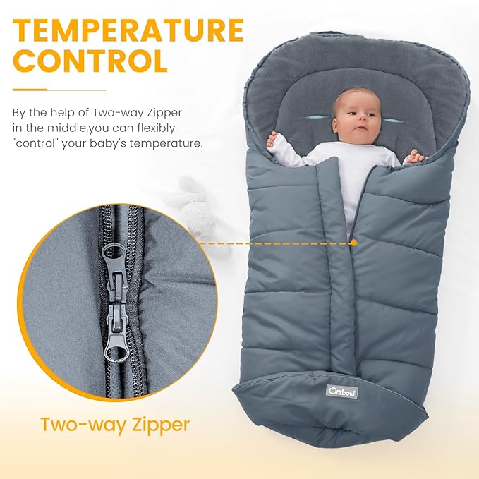 Orzbow Universal Footmuff for Stroller, Winter Warm Baby Stroller Bunting Bag, Waterproof Windproof Warm Polar Fleece Lined for Toddler Stroller Sleeping Bag, Grey