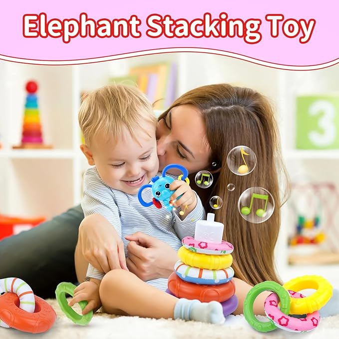 usrela 4 in 1 Baby Toy for 6 9 12 18 Month, Learning Toys for Babies 6-12 Months, Baby Busy Cube, Stacking Sorter, Pull String & Piano Xylophone Travel Toy, Birthday Gift for 1 2 Year Old