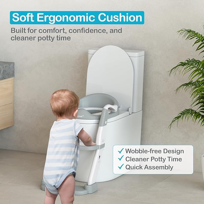 3-in-1 Toddler Potty Training Toilet Seat with Ladder | Foldable Toilet Potty Training Seat with Step Stool Ladder | 5-Level Adjustable Height | Soft Cushion, Splash Guard & Anti Slip Pad