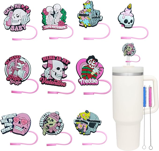 10Pcs Skull Straw Covers Cap for Stanley Cup, 0.4in/10mm Silicone Straw Toppers for Stanley 30&40 Oz Tumbler with Handle, Reusable Dust-Proof Drinking Straw Tips Lids,Cute Stanley Cup Accessories