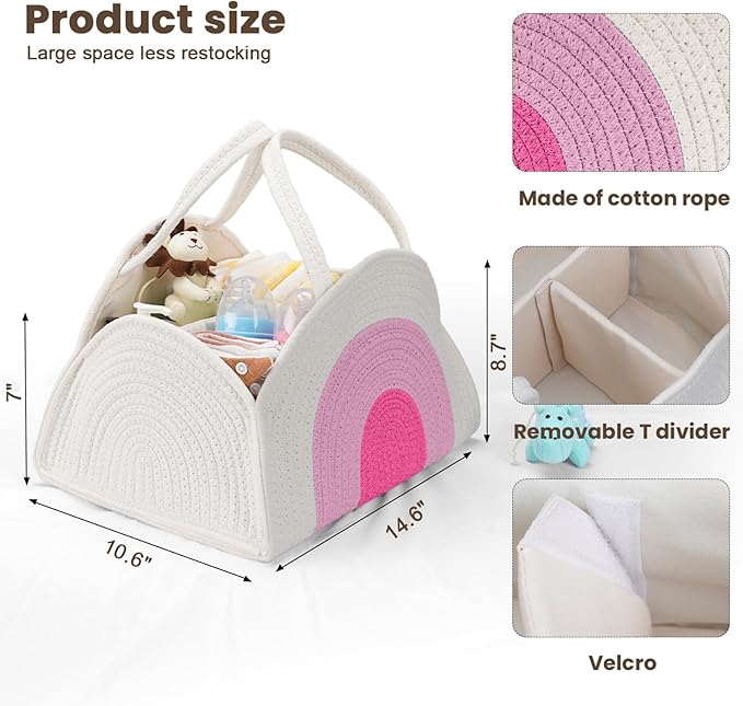 JMBNH Baby Diaper Caddy- With Removable Dividers, Nursery Storage Bin and Car Organizer,Boy & Girl Shower Gift Basket,Portable Organizer,Nursery Essentials-Rainbow Pink