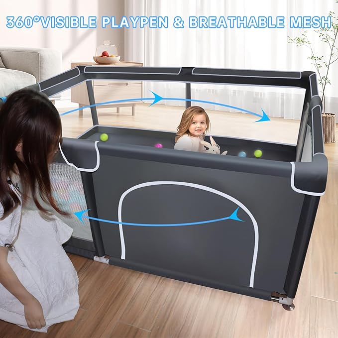 Baby Playpen, 50 x 50 inch Baby Playard, Playpen for Babies and Toddlers, Play Pen for Indoor & Outdoor, with Soft Breathable Mesh,No Gaps Playpens for Babies, Grey