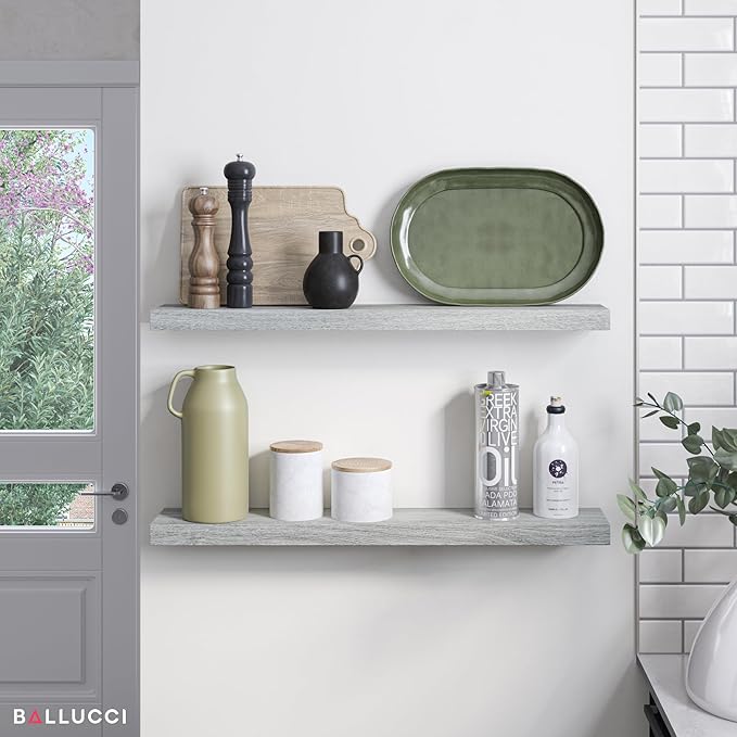 Ballucci Floating Shelves, 36" Wood Wall Shelf Set of 2, with Invisible Brackets for Bathroom, Living Room, Bedroom, Kitchen, Nursery, 6" Deep, Rustic Gray
