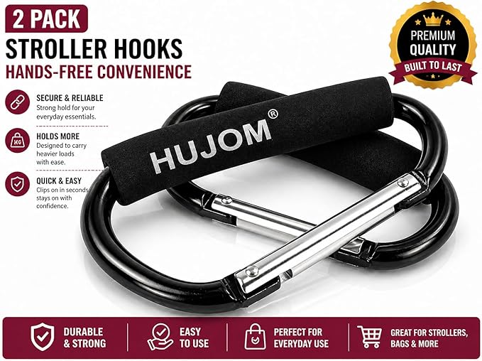Stroller Hooks 2 Pcs Large Carabiner Clips for Hanging Diaper Bags, Purse Grocery, and Shopping Bags. Heavy Duty Universal Climbing Clips Best Mommy Accessories for Outdoor, Camping and Hiking.