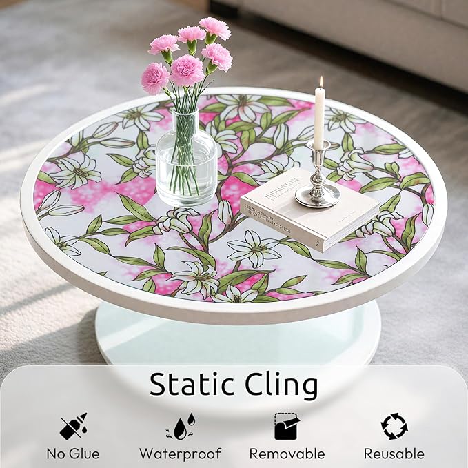 rabbitgoo Pink Lily Window Film Privacy Frosted Glass Cover - Static Cling Removable Decorative Window Tint for Bathroom, Bedroom, Living Room (17.5 x 78.7 Inch)