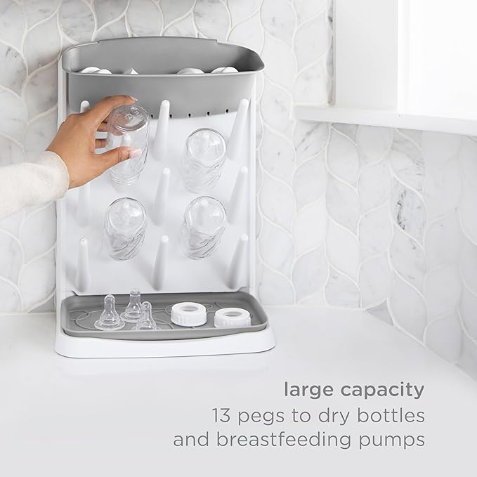 Ubbi Vertical Spacing Saving Bottle Drying Rack with 13 Pegs, 2-in-1 Bottle Brush & Microfiber Drying Mat Bundle, Newborn Baby Essentials, Baby Registry Must Haves, New Parent Gifts, Gray