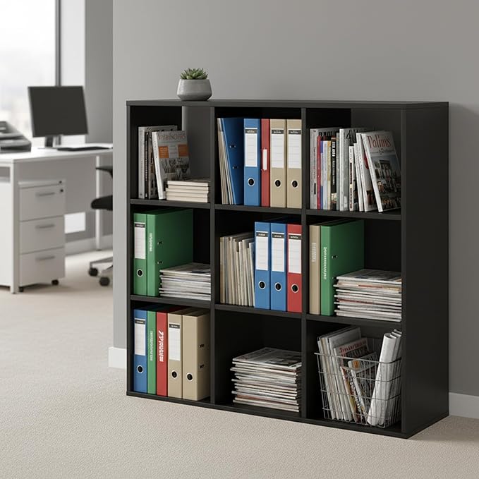 9-Cube Storage Organizer, Black Bookshelf with Open Compartments for Home Office, Modern Bookcase Display Shelf for Living Room, Bedroom & Entryway