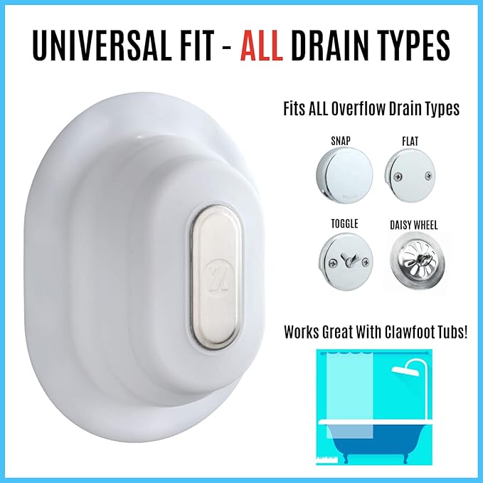 SlipX Solutions Adjustable Better Soak Overflow Drain Cover Fits All Drain Types for The Deepest Baths (Silicone, White)
