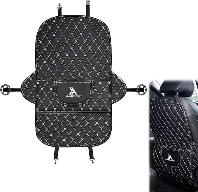 FASTAGEI Universal Car Kick Mats Back Seat Protector with Storage Pockets, Premium Leather Car Seat Back Cover Protector Waterproof Scratch-Resistant Easy Clean